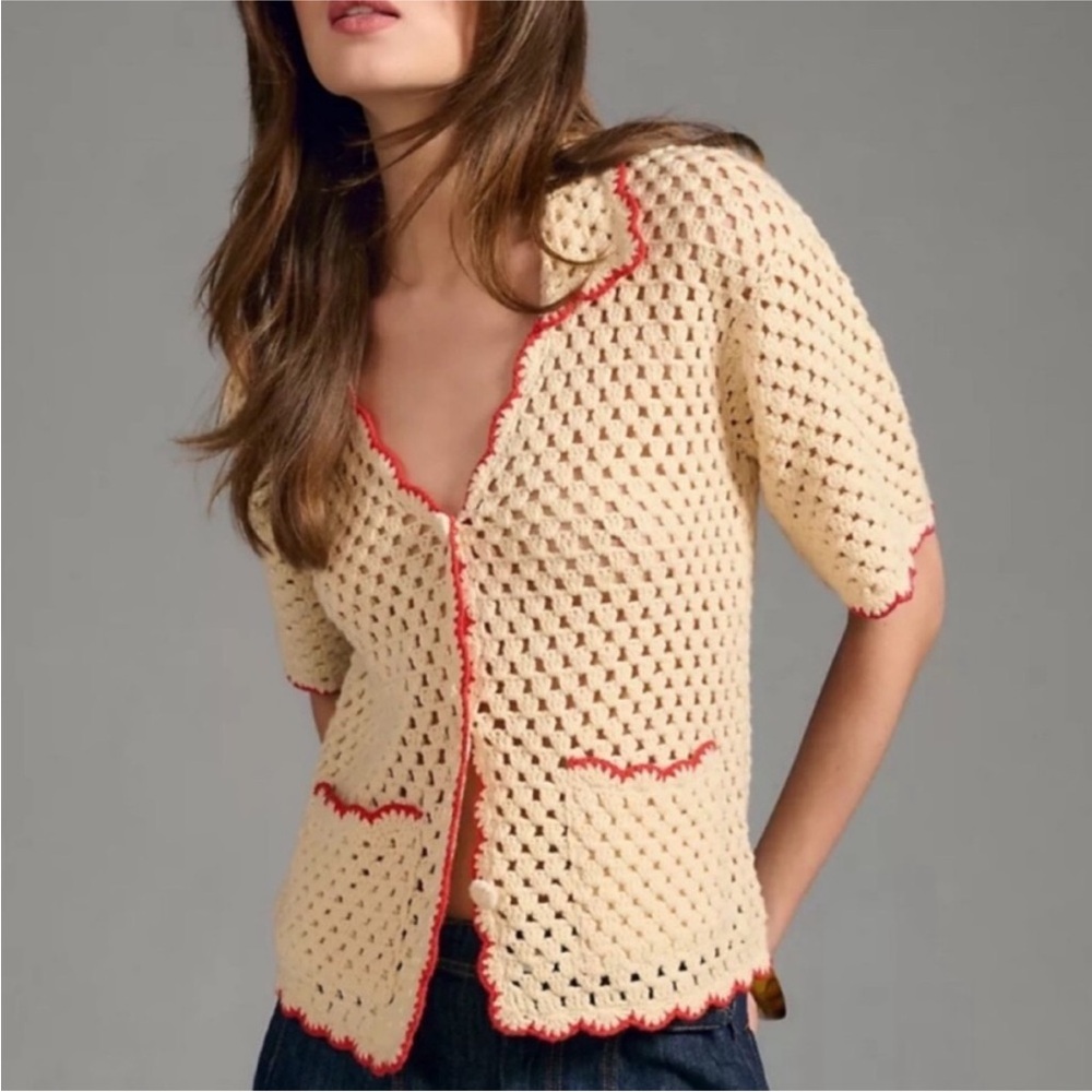 Anthropologie Greylin Cream and Red Crochet Cardigan